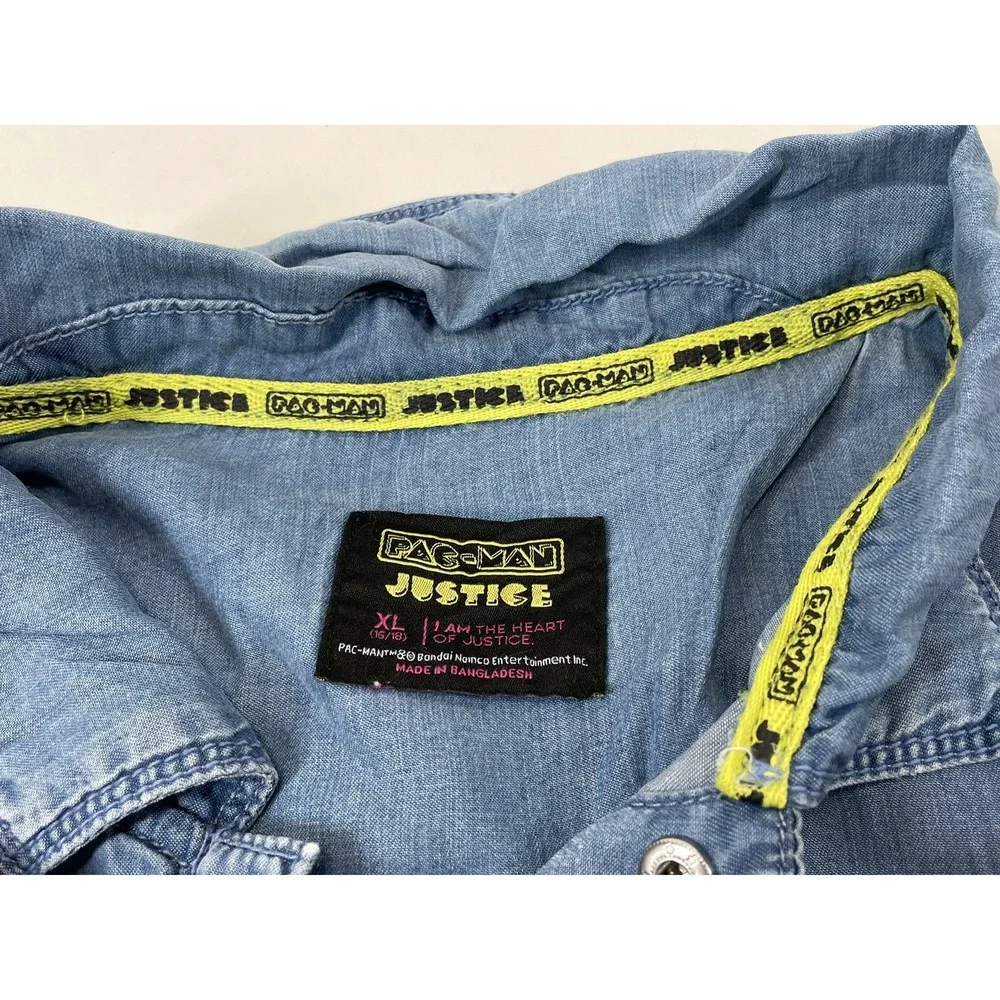 Justice Girls Pacman Denim‎ Shirt Snap Closure Short Sleeve Size XL Blue